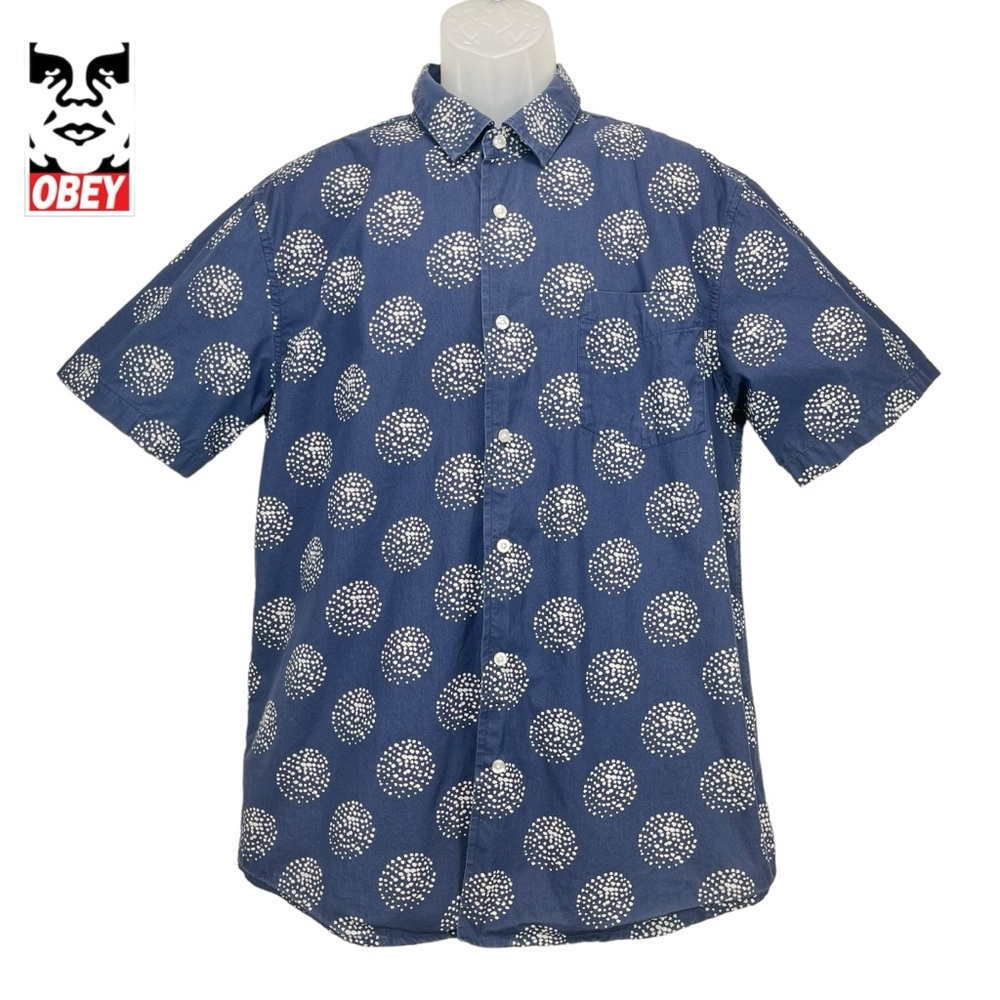 Obey Men XL Blue‎ & White Circle Design Short Sleeve Button Up Casual Shirt